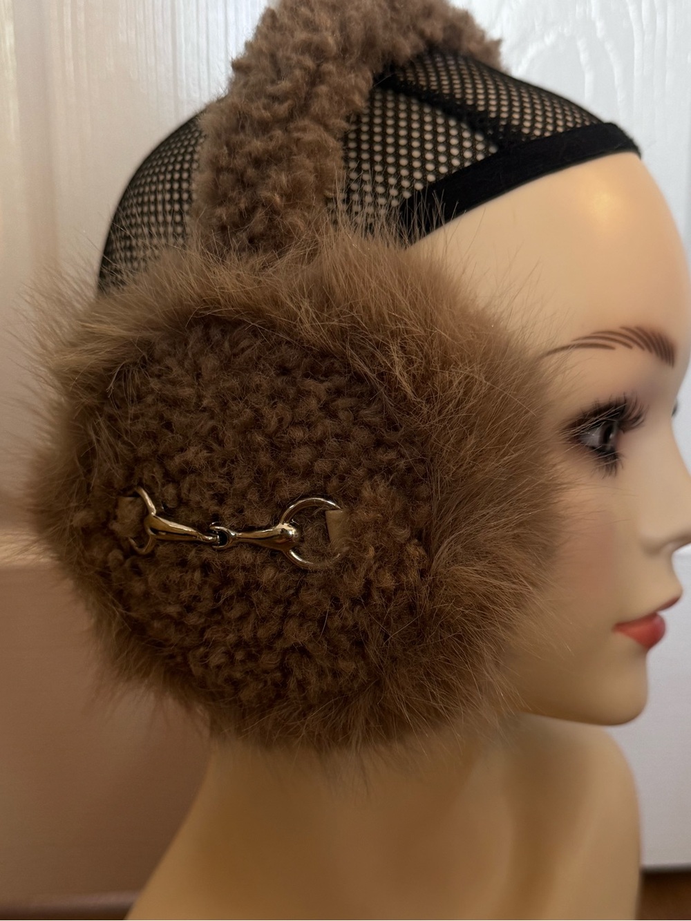 Horsebit earmuffs chunky faux fur snaffle bit equestrian tan
